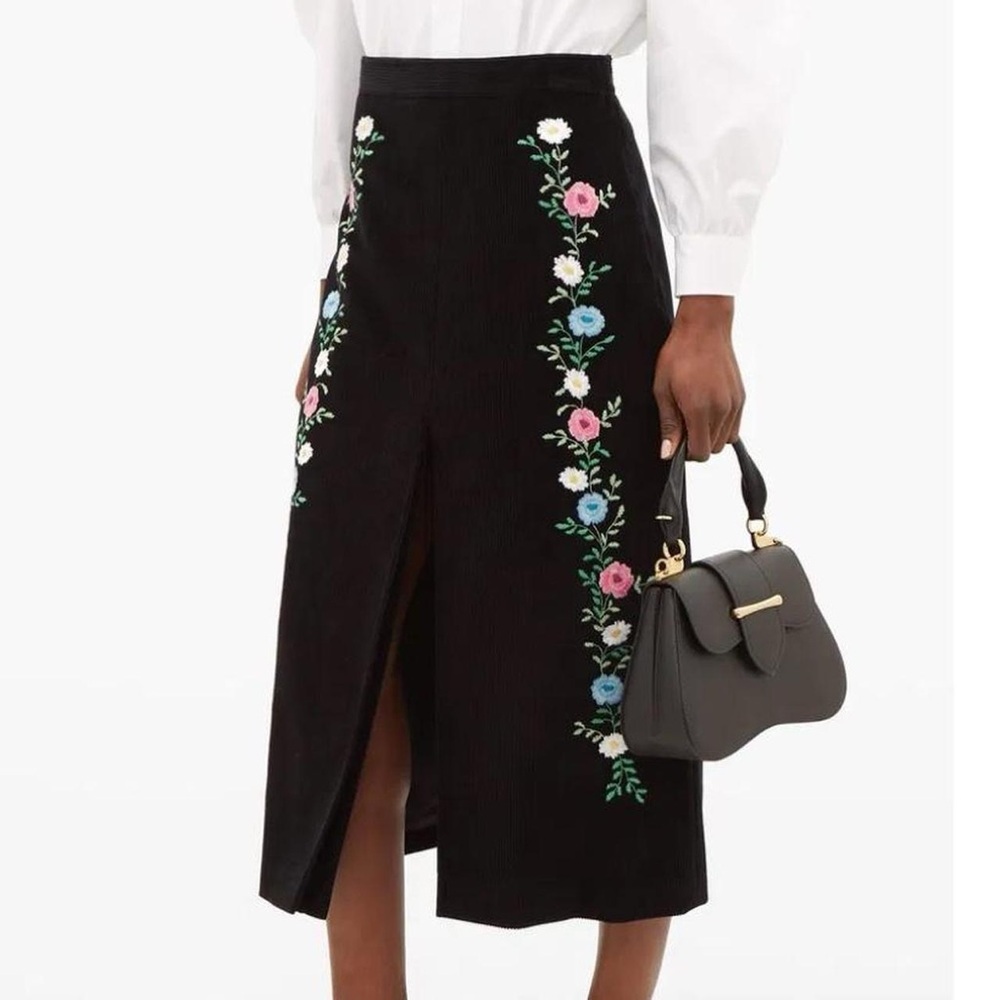 Miu Miu floral embroidered black corduroy high waisted skirt with front slit